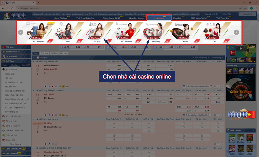 Chọn nhà cái casino tại trang chủ Bong88